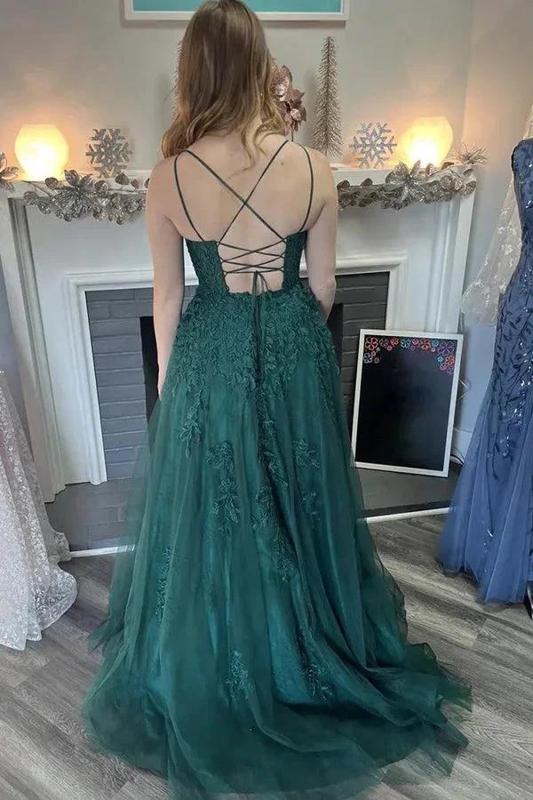 A-Line Spaghetti Straps Tulle Dark Green Long Prom Dress PSK586 - Image 2