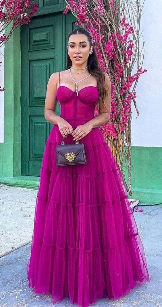 A-line Spaghetti Straps Tulle Prom Dress Elegant Evening Dress Y1073 - Image 2