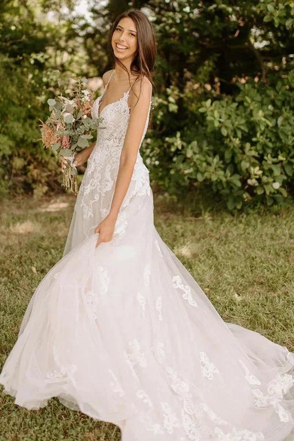 A-Line Spaghetti Straps Tulle Rustic Wedding Dress With Appliques  WD656 - Image 2