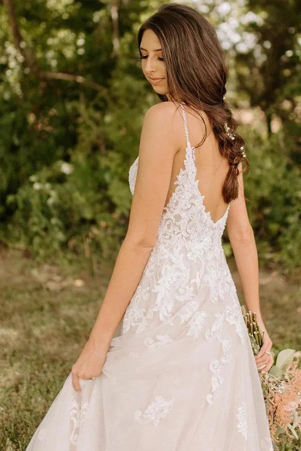 A-Line Spaghetti Straps Tulle Rustic Wedding Dress With Appliques  WD656 - Image 3