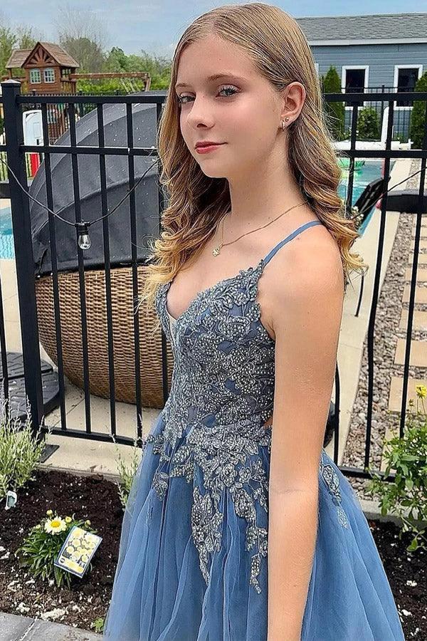 A Line Spaghetti Straps Tulle Short Grey Blue Homecoming Dress PD527 - Image 2