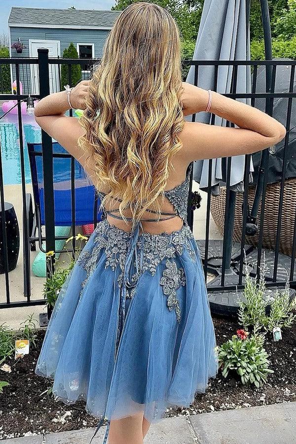 A Line Spaghetti Straps Tulle Short Grey Blue Homecoming Dress PD527 - Image 3