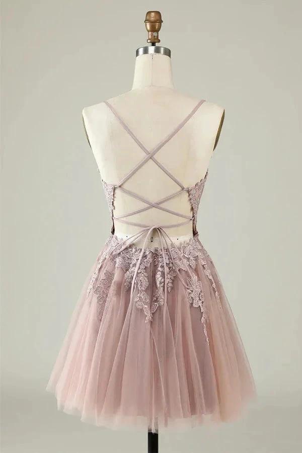 A Line Spaghetti Straps Tulle Short Grey Blue Homecoming Dress PD527 - Image 5