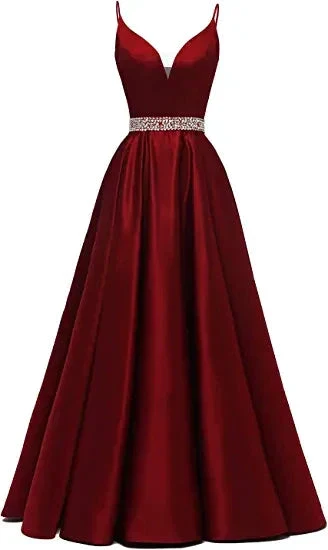 A-line Spaghetti Straps V Neck Prom Dress,Burgundy Satin Evening Dress Y1272 - Image 2