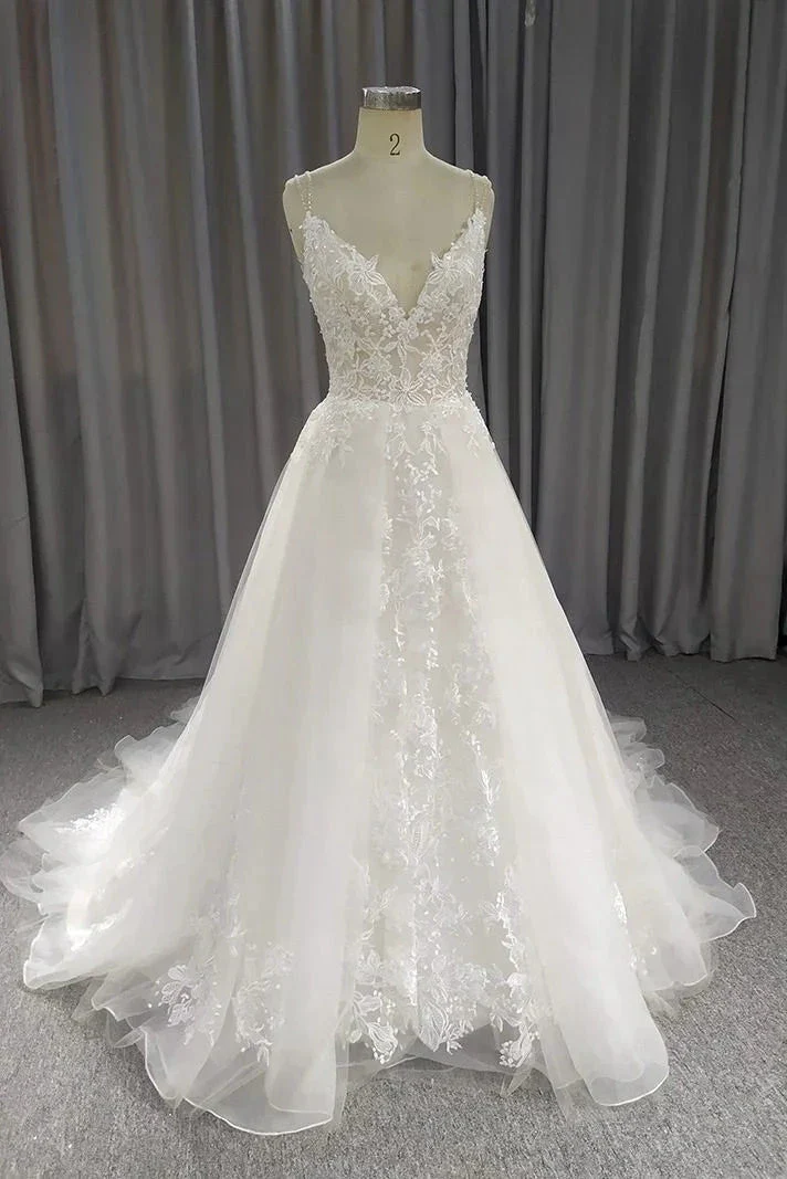 A Line Spaghetti Straps Wedding Dress With Applique, Simple V Neck Bridal Gown Y5601 - Image 2