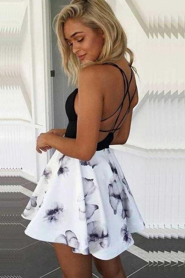 A-Line Spaghetti Straps White Floral Polyester Homecoming Cocktail Dress PD061 - Image 2
