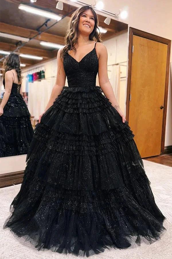 A-Line Spagnetti Straps V-Neck Tiered Tulle Long Prom Dress PSK528 - Image 2
