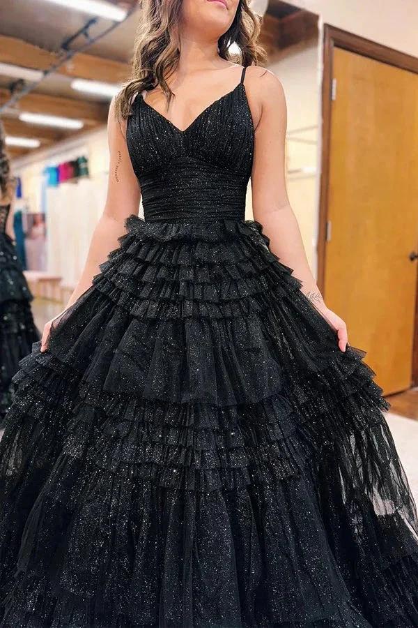 A-Line Spagnetti Straps V-Neck Tiered Tulle Long Prom Dress PSK528 - Image 3