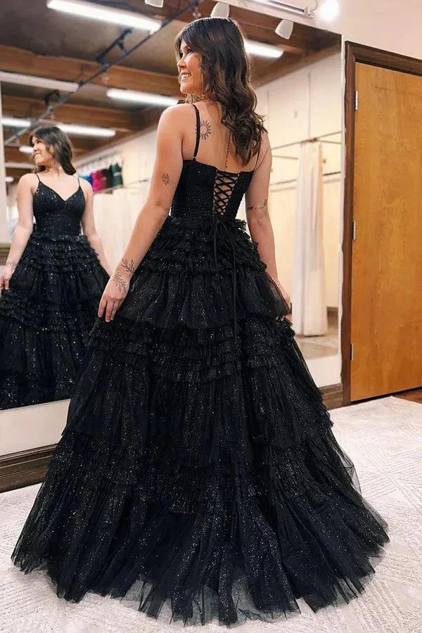 A-Line Spagnetti Straps V-Neck Tiered Tulle Long Prom Dress PSK528 - Image 4