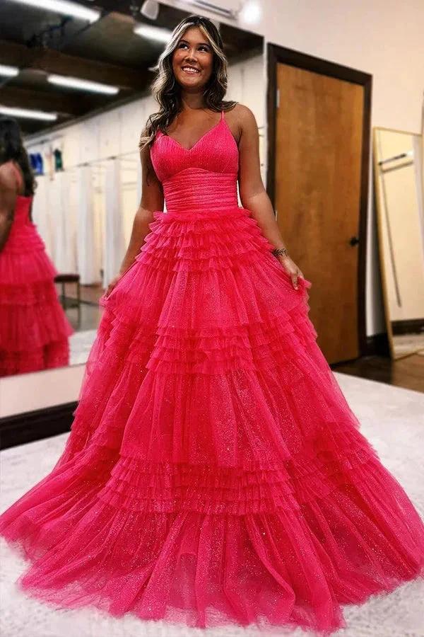 A-Line Spagnetti Straps V-Neck Tiered Tulle Long Prom Dress PSK528 - Image 5