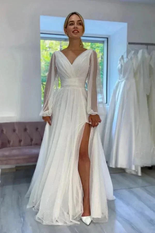 A-Line Sparkly V-Neck Long Sleeves Beach Wedding Dress WD750 - Image 2