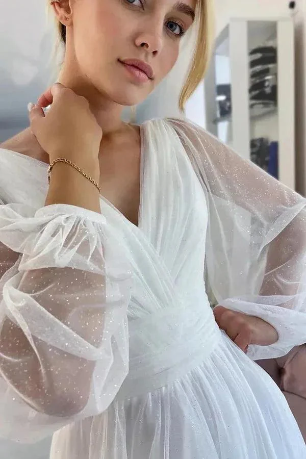 A-Line Sparkly V-Neck Long Sleeves Beach Wedding Dress WD750 - Image 3