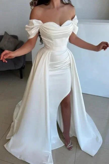 A-Line Split Front Off-The-Shoulder Sweetheart Stain Wedding Dresses with Ruffles - Image 2