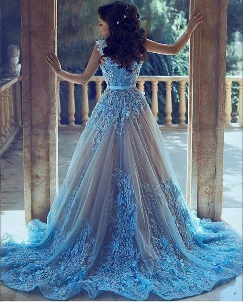 A-Line Square Chapel Train Sleeveless Blue Tulle Wedding Dress WD183 - Image 2
