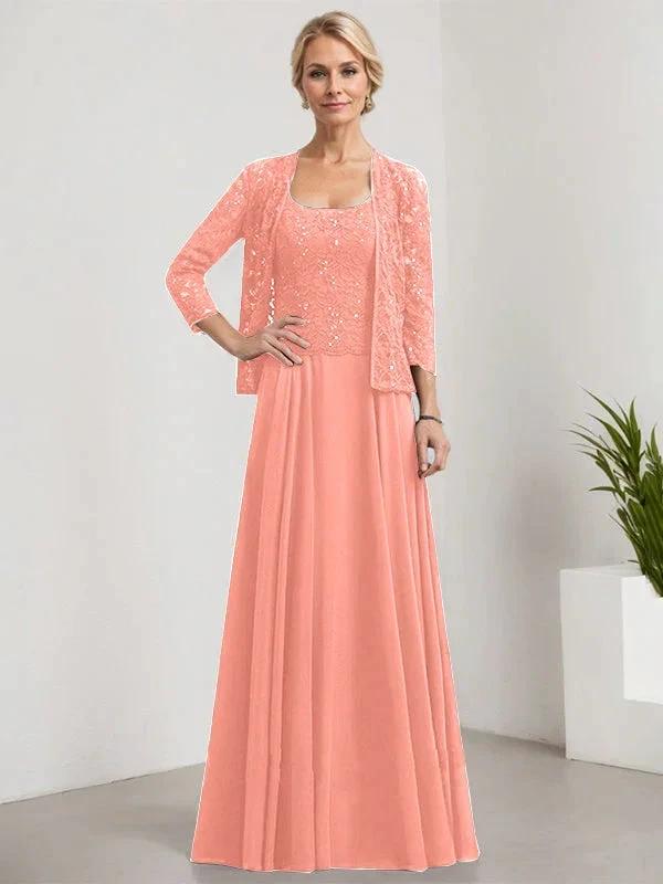 A-line Square Floor-Length Lace Chiffon Mother of the Bride Dress With Sequins - Image 15