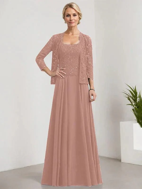 A-line Square Floor-Length Lace Chiffon Mother of the Bride Dress With Sequins - Image 16