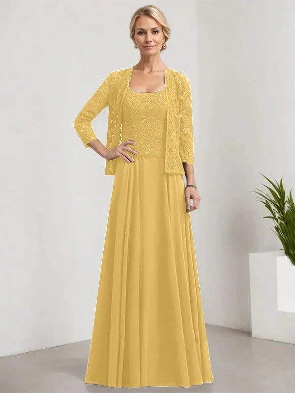 A-line Square Floor-Length Lace Chiffon Mother of the Bride Dress With Sequins - Image 18