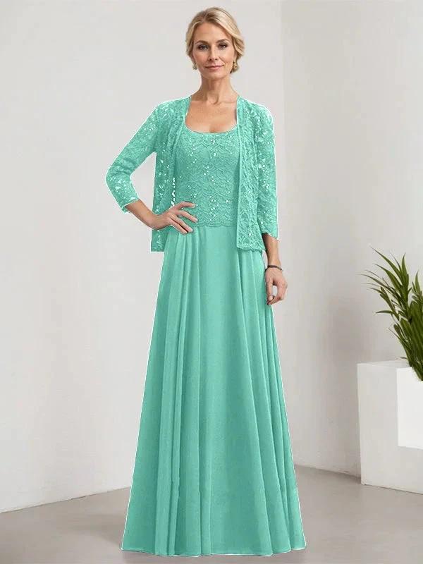 A-line Square Floor-Length Lace Chiffon Mother of the Bride Dress With Sequins - Image 22