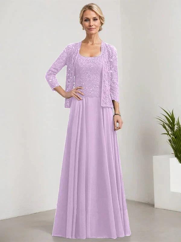 A-line Square Floor-Length Lace Chiffon Mother of the Bride Dress With Sequins - Image 23