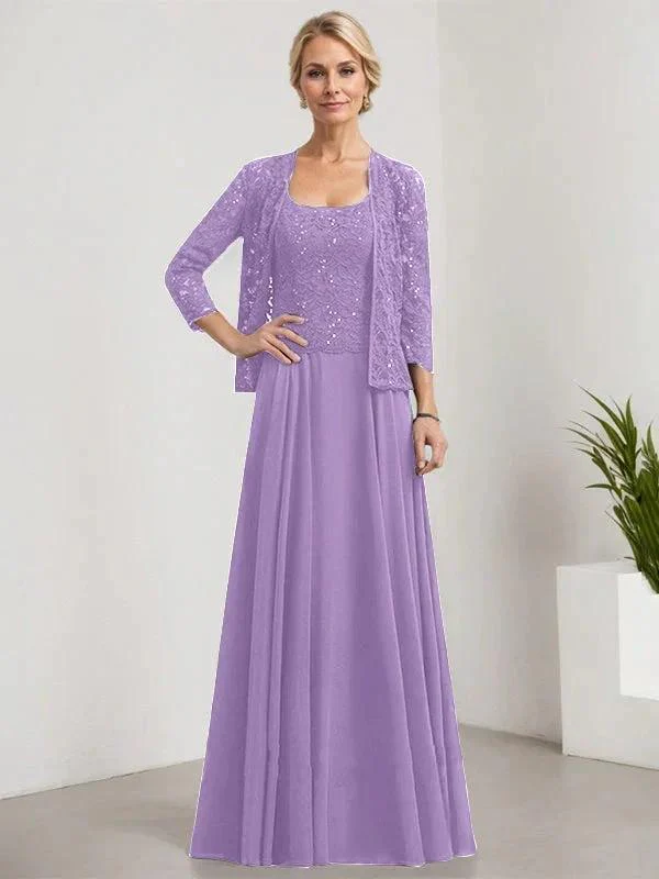 A-line Square Floor-Length Lace Chiffon Mother of the Bride Dress With Sequins - Image 24