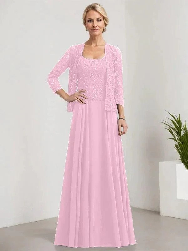 A-line Square Floor-Length Lace Chiffon Mother of the Bride Dress With Sequins - Image 25