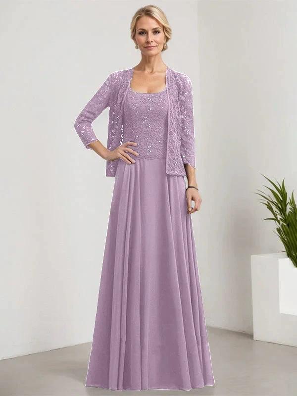 A-line Square Floor-Length Lace Chiffon Mother of the Bride Dress With Sequins - Image 26