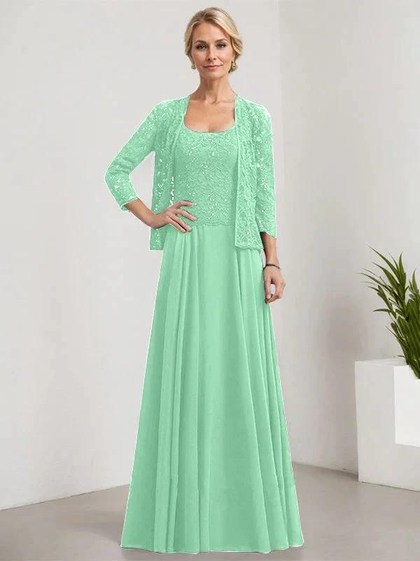 A-line Square Floor-Length Lace Chiffon Mother of the Bride Dress With Sequins - Image 27
