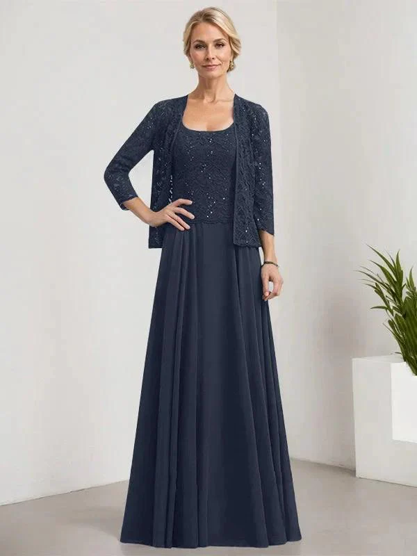 A-line Square Floor-Length Lace Chiffon Mother of the Bride Dress With Sequins - Image 28