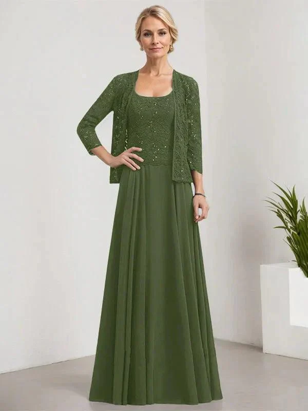 A-line Square Floor-Length Lace Chiffon Mother of the Bride Dress With Sequins - Image 29