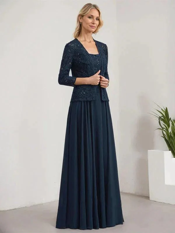 A-line Square Floor-Length Lace Chiffon Mother of the Bride Dress With Sequins - Image 3