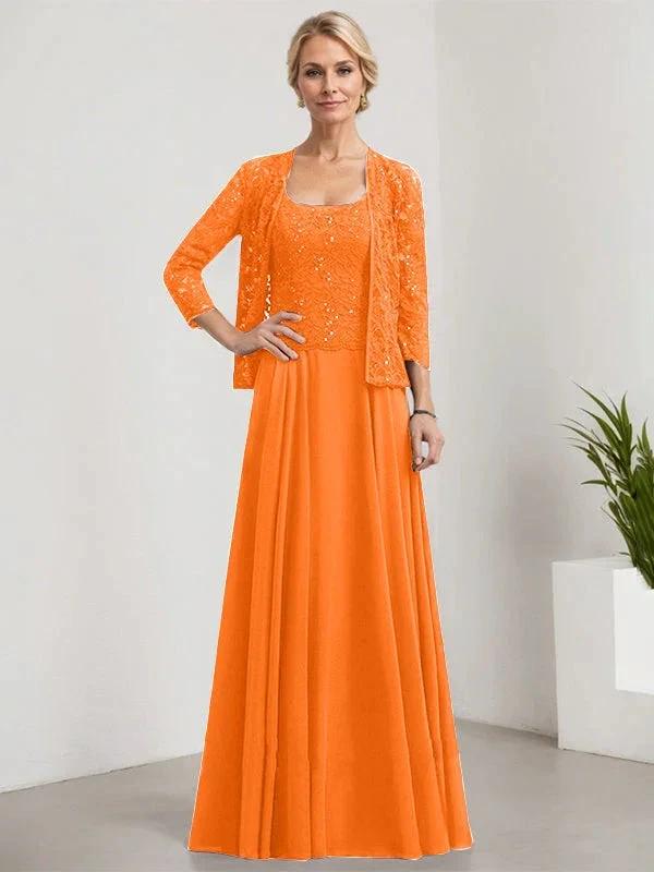 A-line Square Floor-Length Lace Chiffon Mother of the Bride Dress With Sequins - Image 30