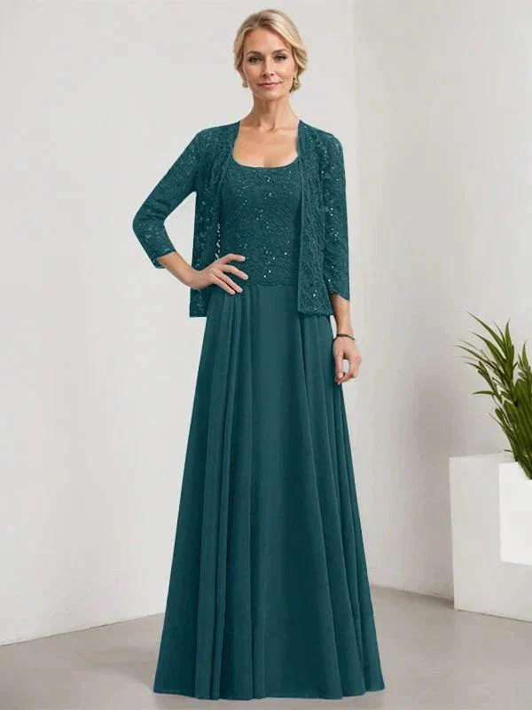A-line Square Floor-Length Lace Chiffon Mother of the Bride Dress With Sequins - Image 31