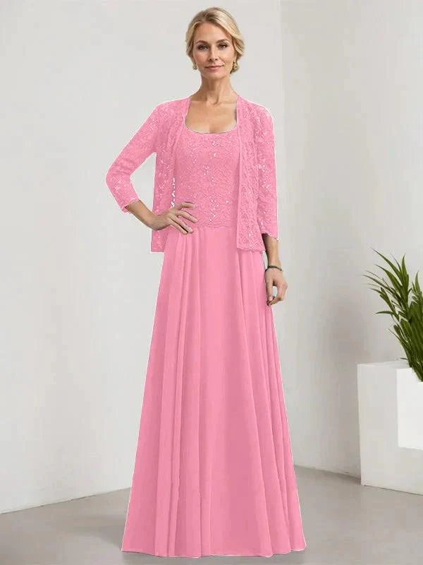 A-line Square Floor-Length Lace Chiffon Mother of the Bride Dress With Sequins - Image 32