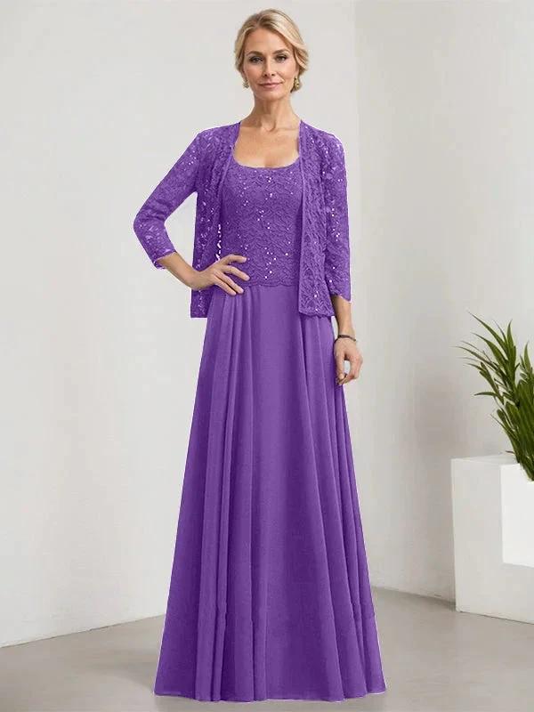 A-line Square Floor-Length Lace Chiffon Mother of the Bride Dress With Sequins - Image 33