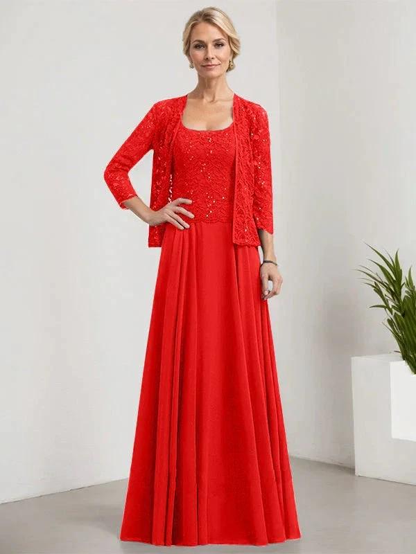 A-line Square Floor-Length Lace Chiffon Mother of the Bride Dress With Sequins - Image 34