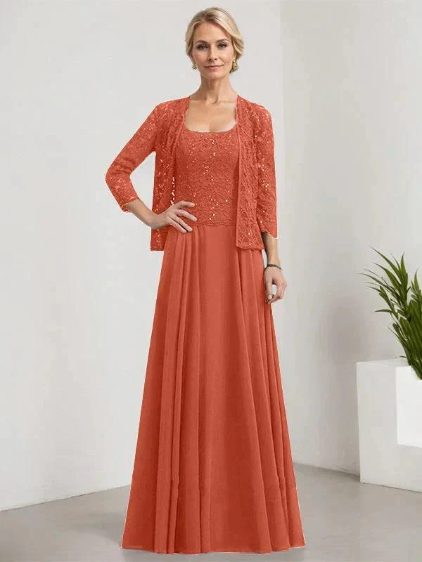 A-line Square Floor-Length Lace Chiffon Mother of the Bride Dress With Sequins - Image 36
