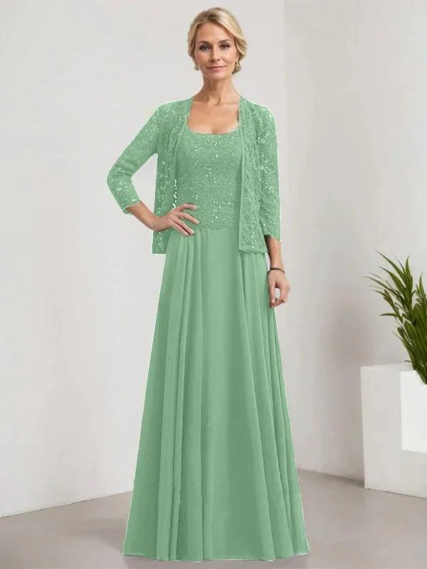 A-line Square Floor-Length Lace Chiffon Mother of the Bride Dress With Sequins - Image 37
