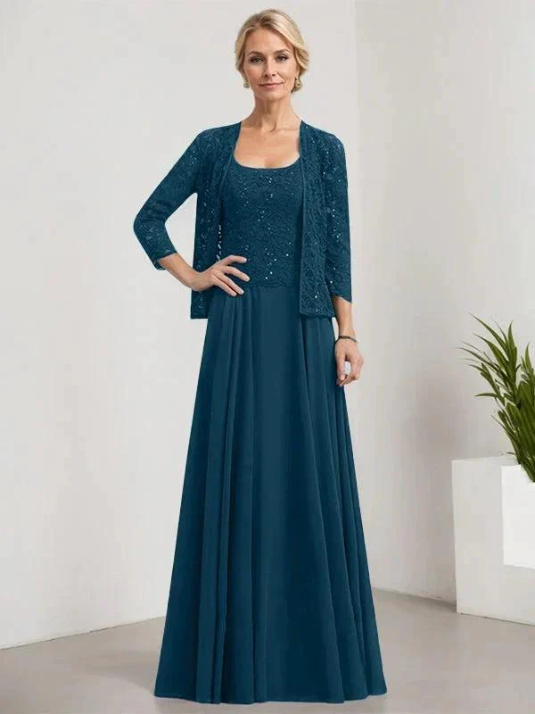 A-line Square Floor-Length Lace Chiffon Mother of the Bride Dress With Sequins - Image 39