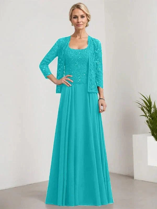 A-line Square Floor-Length Lace Chiffon Mother of the Bride Dress With Sequins - Image 40