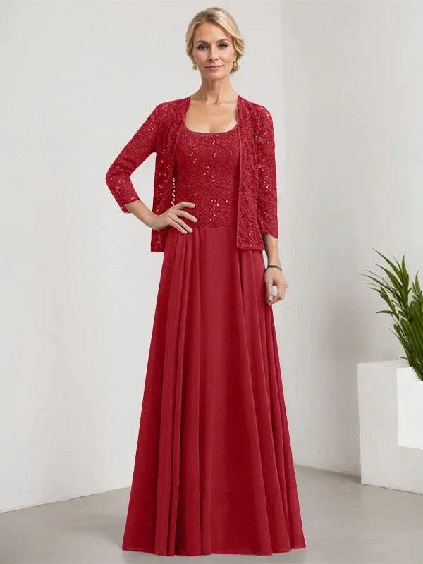 A-line Square Floor-Length Lace Chiffon Mother of the Bride Dress With Sequins - Image 42