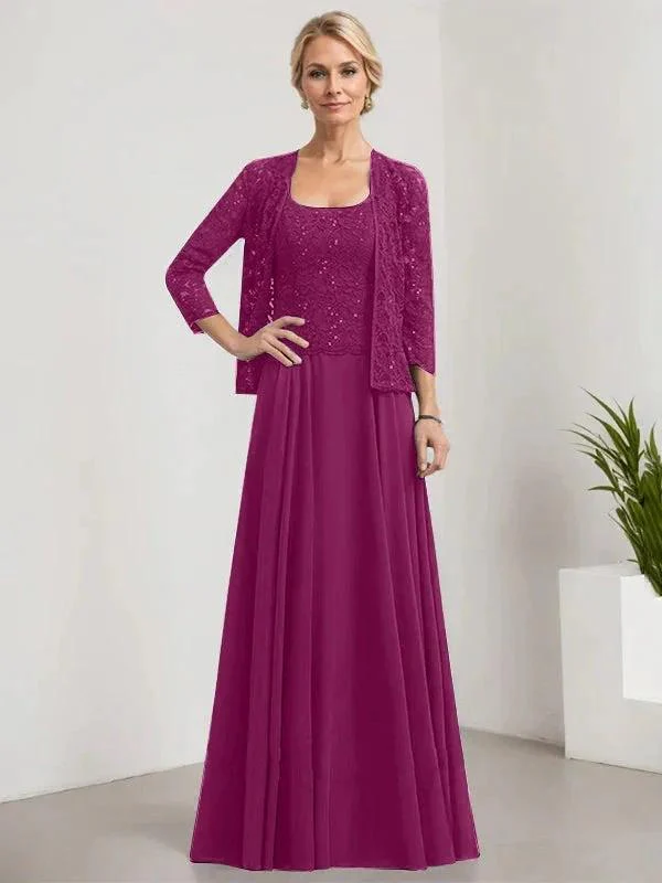 A-line Square Floor-Length Lace Chiffon Mother of the Bride Dress With Sequins - Image 45
