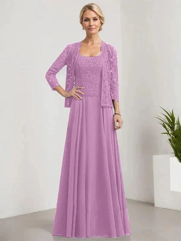 A-line Square Floor-Length Lace Chiffon Mother of the Bride Dress With Sequins - Image 49