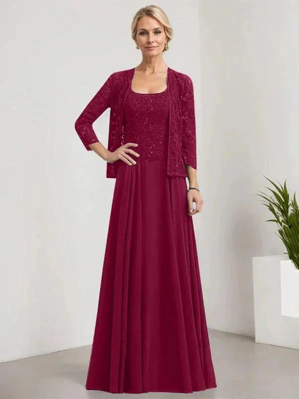 A-line Square Floor-Length Lace Chiffon Mother of the Bride Dress With Sequins - Image 51