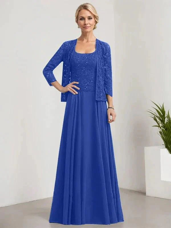 A-line Square Floor-Length Lace Chiffon Mother of the Bride Dress With Sequins - Image 53