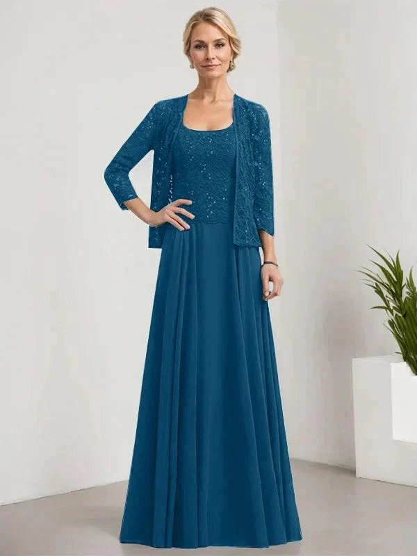 A-line Square Floor-Length Lace Chiffon Mother of the Bride Dress With Sequins - Image 55