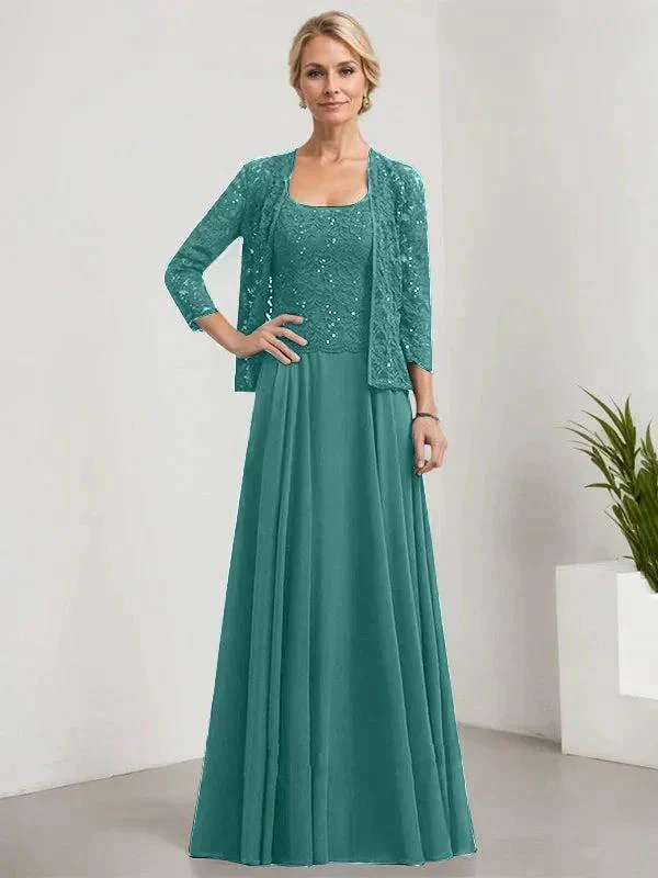 A-line Square Floor-Length Lace Chiffon Mother of the Bride Dress With Sequins - Image 56