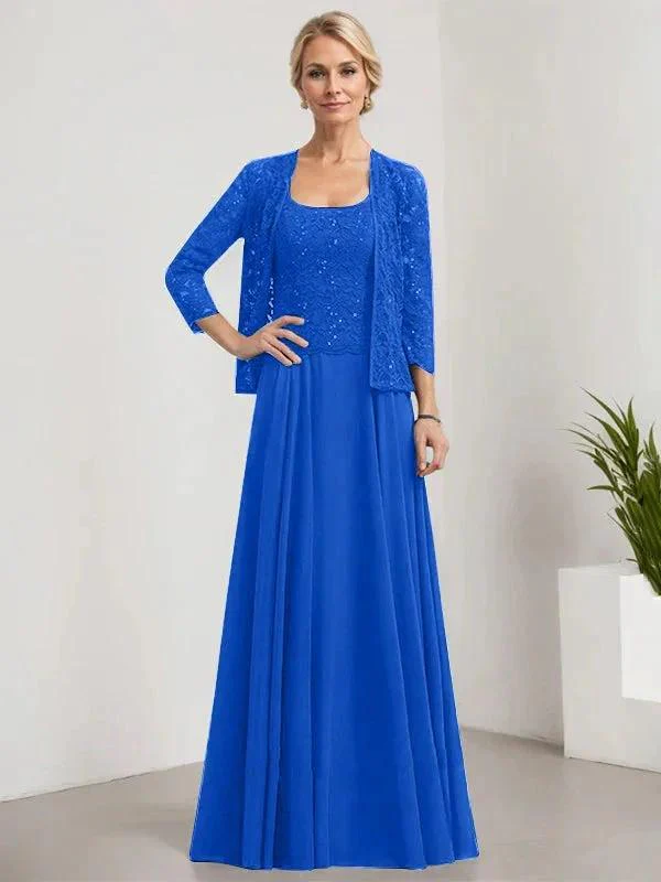 A-line Square Floor-Length Lace Chiffon Mother of the Bride Dress With Sequins - Image 57