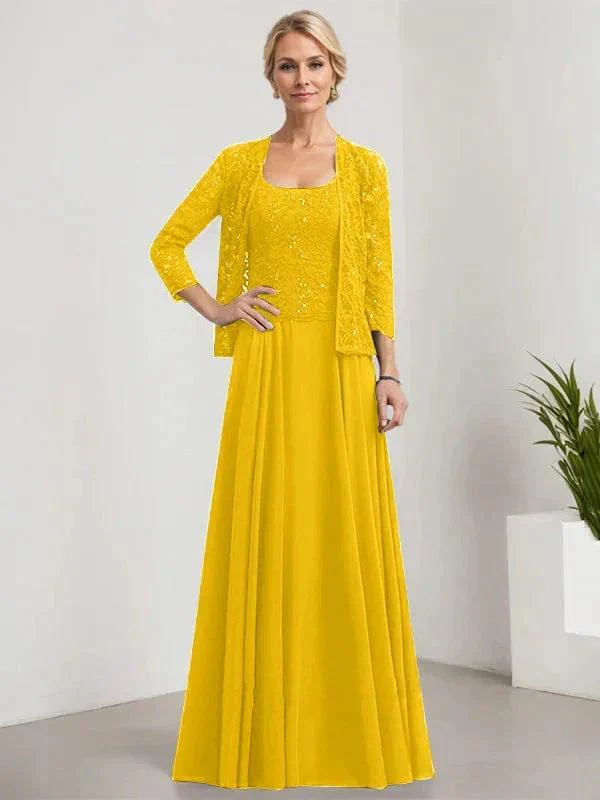 A-line Square Floor-Length Lace Chiffon Mother of the Bride Dress With Sequins - Image 58