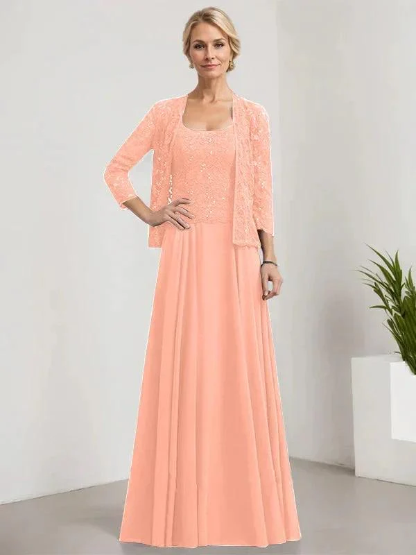 A-line Square Floor-Length Lace Chiffon Mother of the Bride Dress With Sequins - Image 63