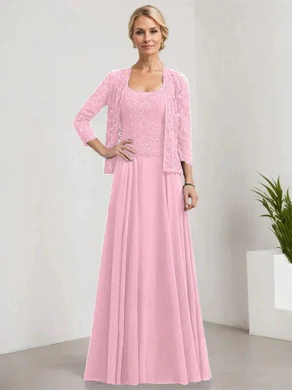 A-line Square Floor-Length Lace Chiffon Mother of the Bride Dress With Sequins - Image 67